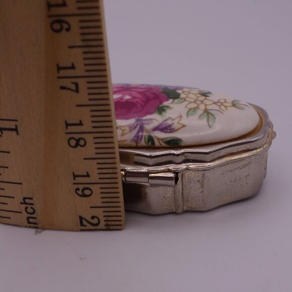 Vintage Metal Made in Japan Pill Box with Ceramic Top featuring Flower Design - Picture 10 of 14